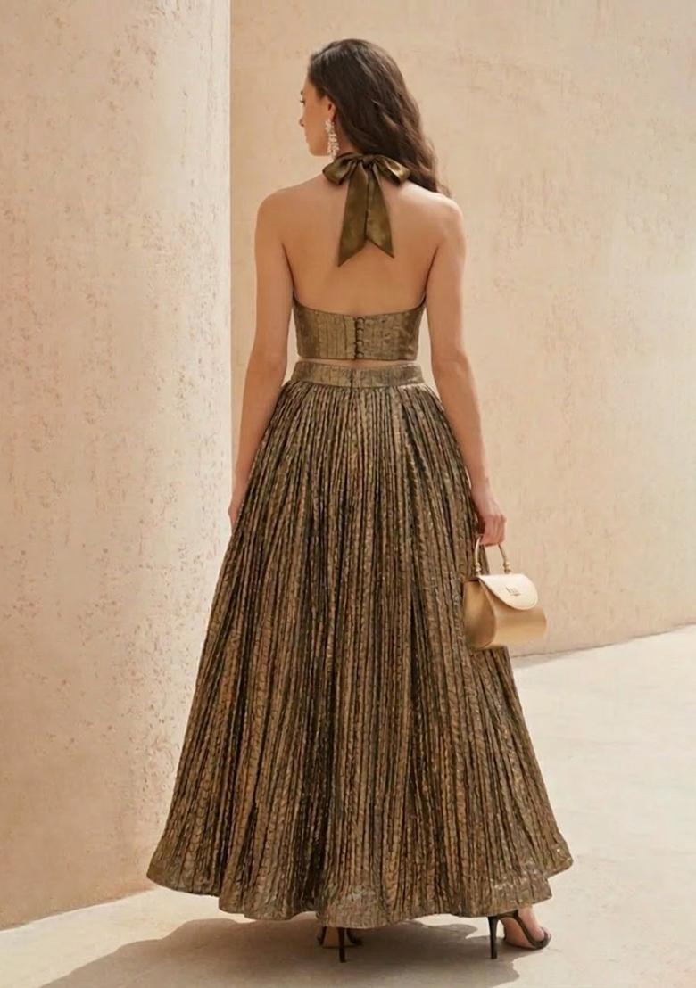 Olive Gold Zari Satin Prom Dress - Indya