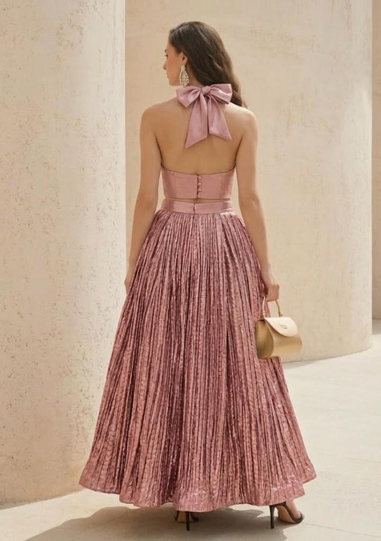 Pink Zari Satin Prom Dress - Indya