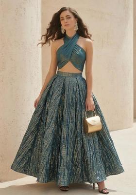 Metallic Blue Zari Satin Prom Dress