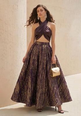 Plum Purple Zari Satin Prom Dress