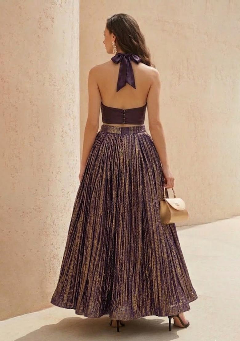 Plum Purple Zari Satin Prom Dress - Indya