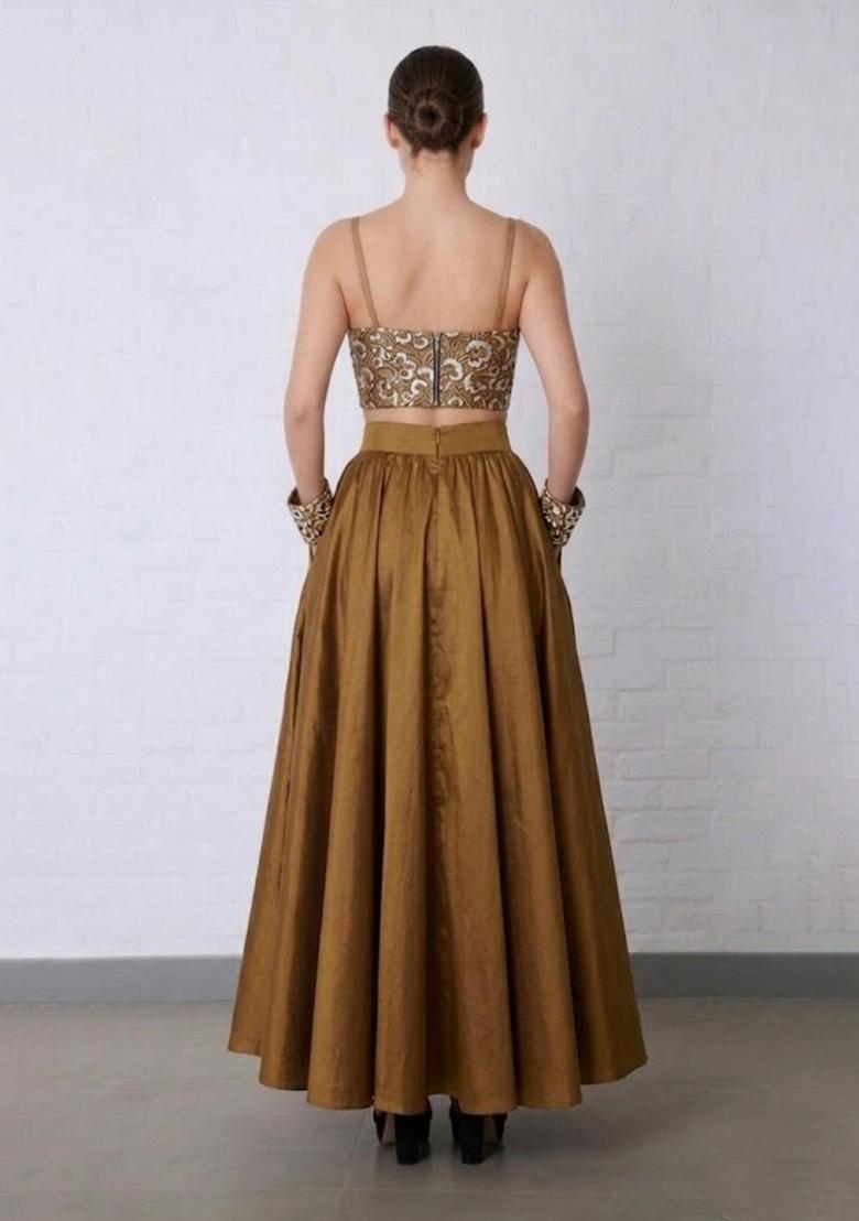 Antique Gold Embroidered Net Prom Dress - Indya
