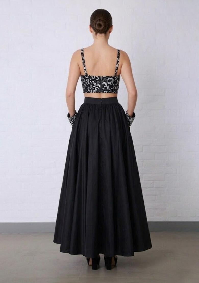 Black Embroidered Net Prom Dress - Indya