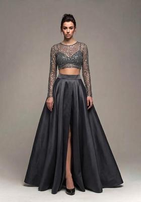 Charcoal Grey Sequin Net Prom Dress