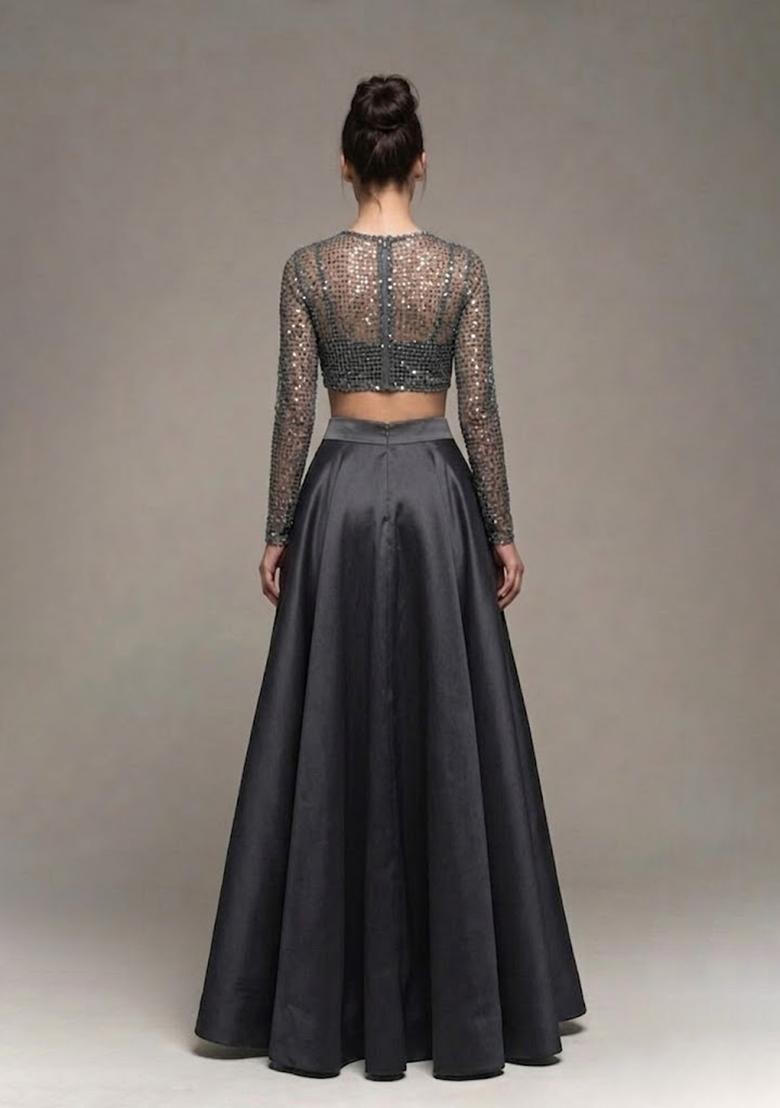 Charcoal Grey Sequin Net Prom Dress - Indya