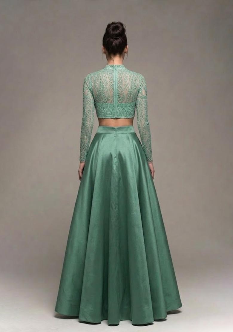 Mint Green Sequin Net Prom Dress - Indya