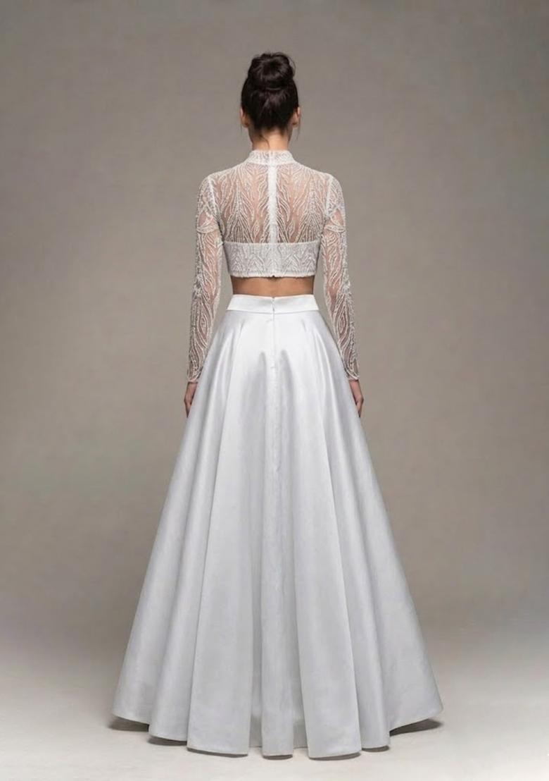 Ivory Sequin Net Prom Dress - Indya