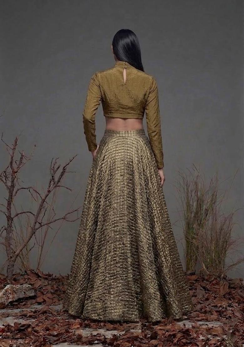 Olive Gold Zari Satin Prom Dress - Indya
