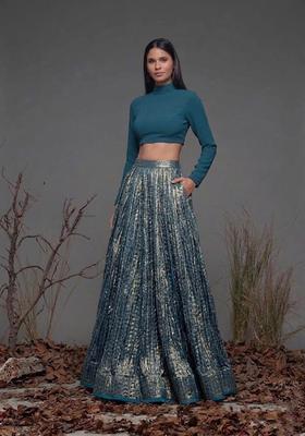 Metallic Blue Zari Satin Prom Dress