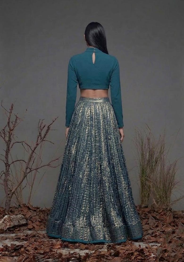 Metallic Blue Zari Satin Prom Dress - Indya