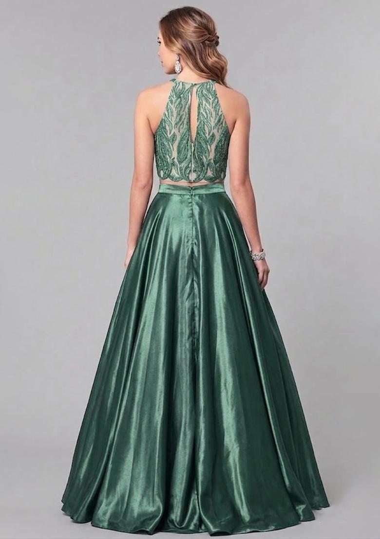 Bottle Green Sequin Net Prom Dress - Indya