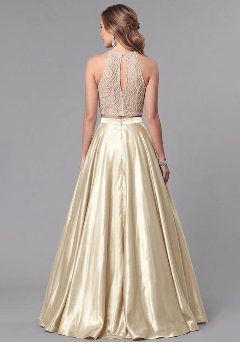 Cream Sequin Net Prom Dress - Indya