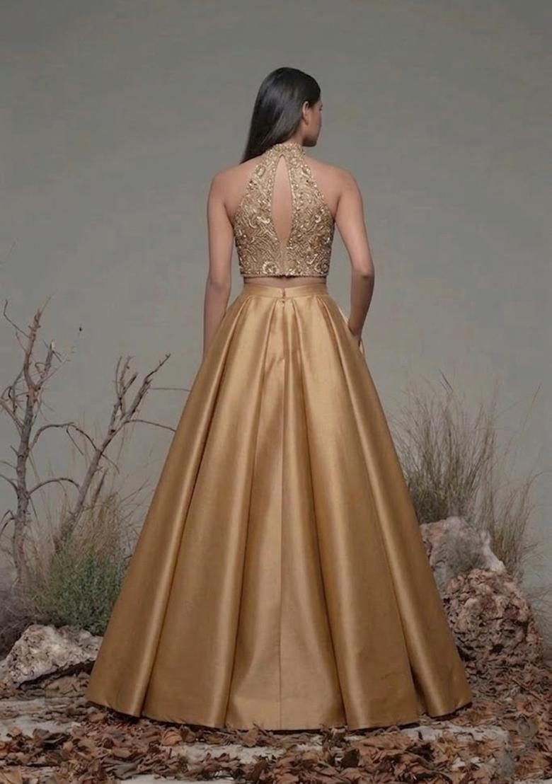 Brown Embroidered Net Prom Dress - Indya
