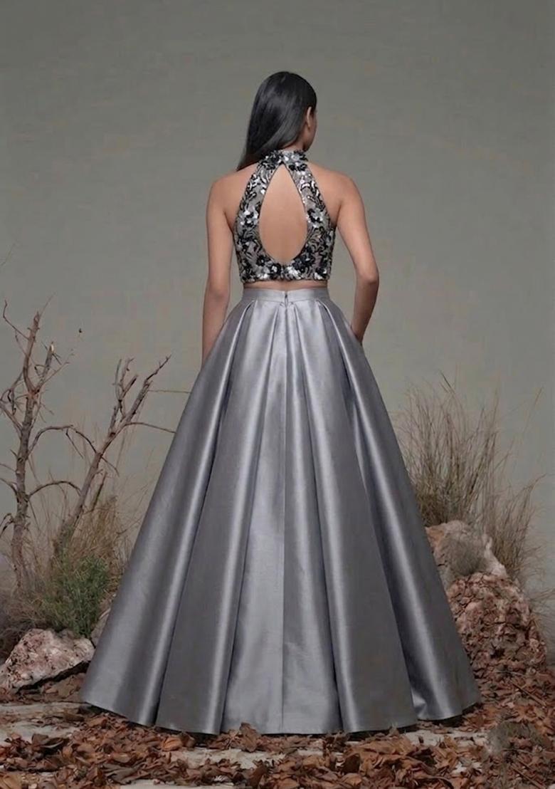 Grey Embroidered Net Prom Dress - Indya
