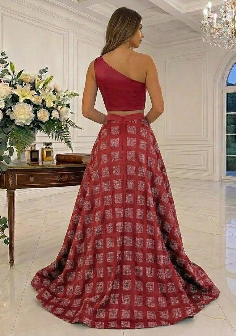 Burgundy Printed Satin Prom Dress - Indya