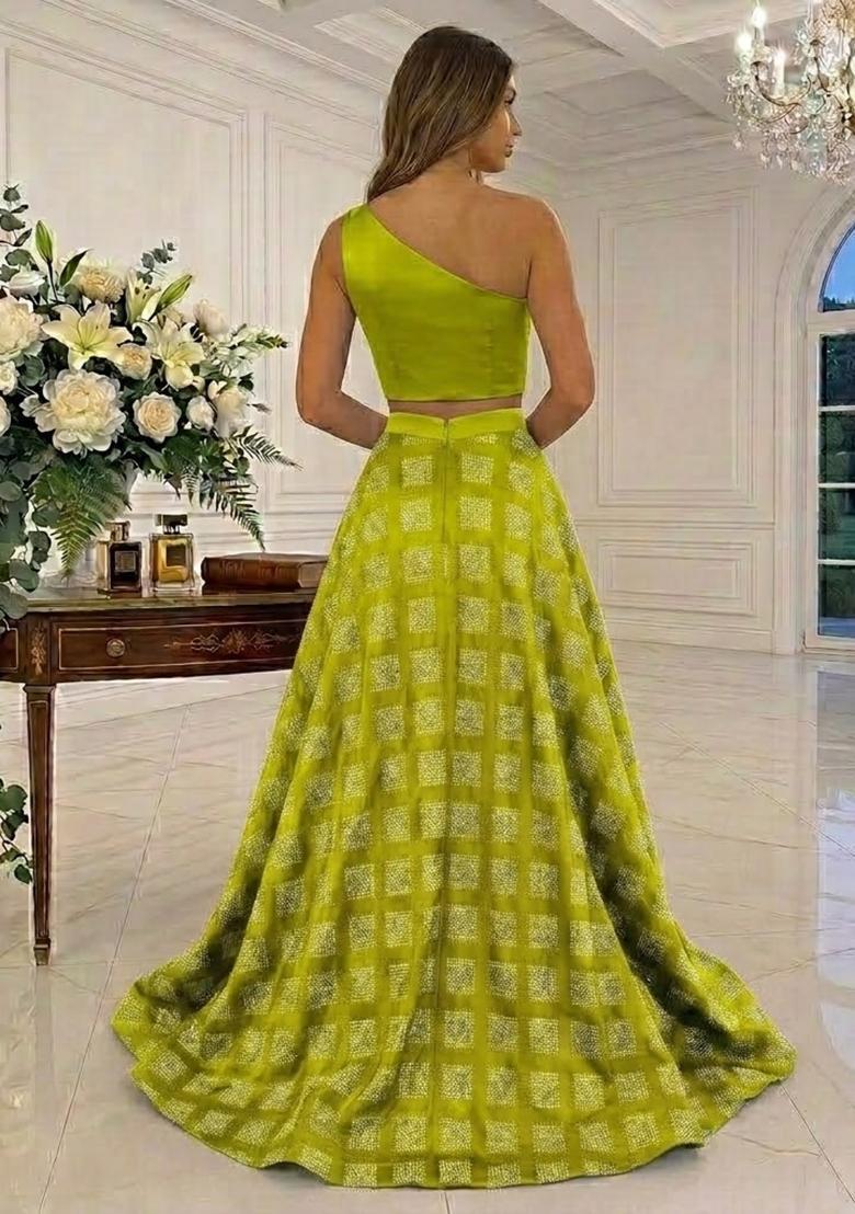 Lime Green Printed Satin Prom Dress - Indya