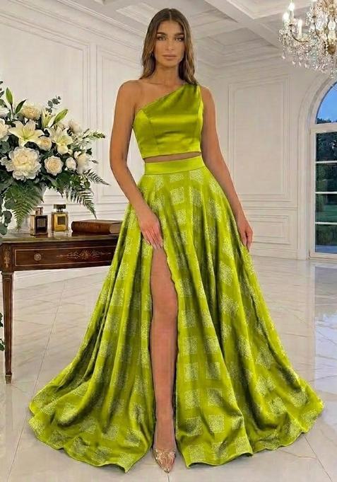 Lime Green Printed Satin Prom Dress