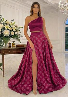 Rani Pink Printed Satin Prom Dress