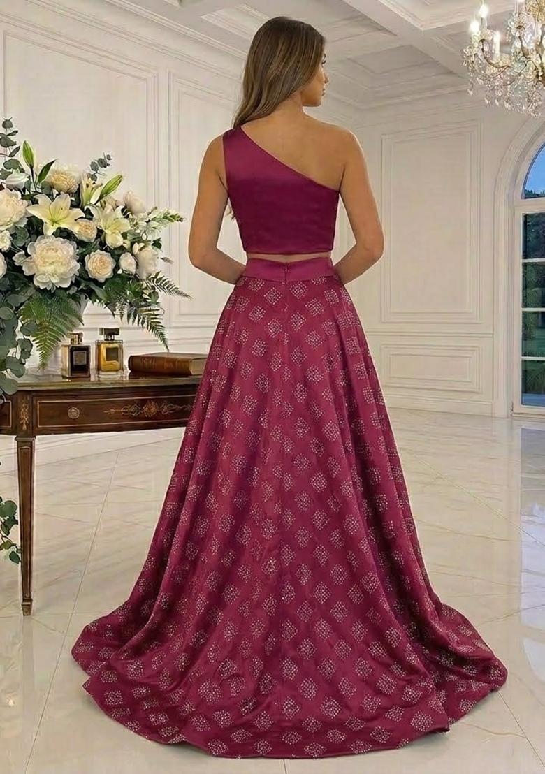 Rani Pink Printed Satin Prom Dress - Indya