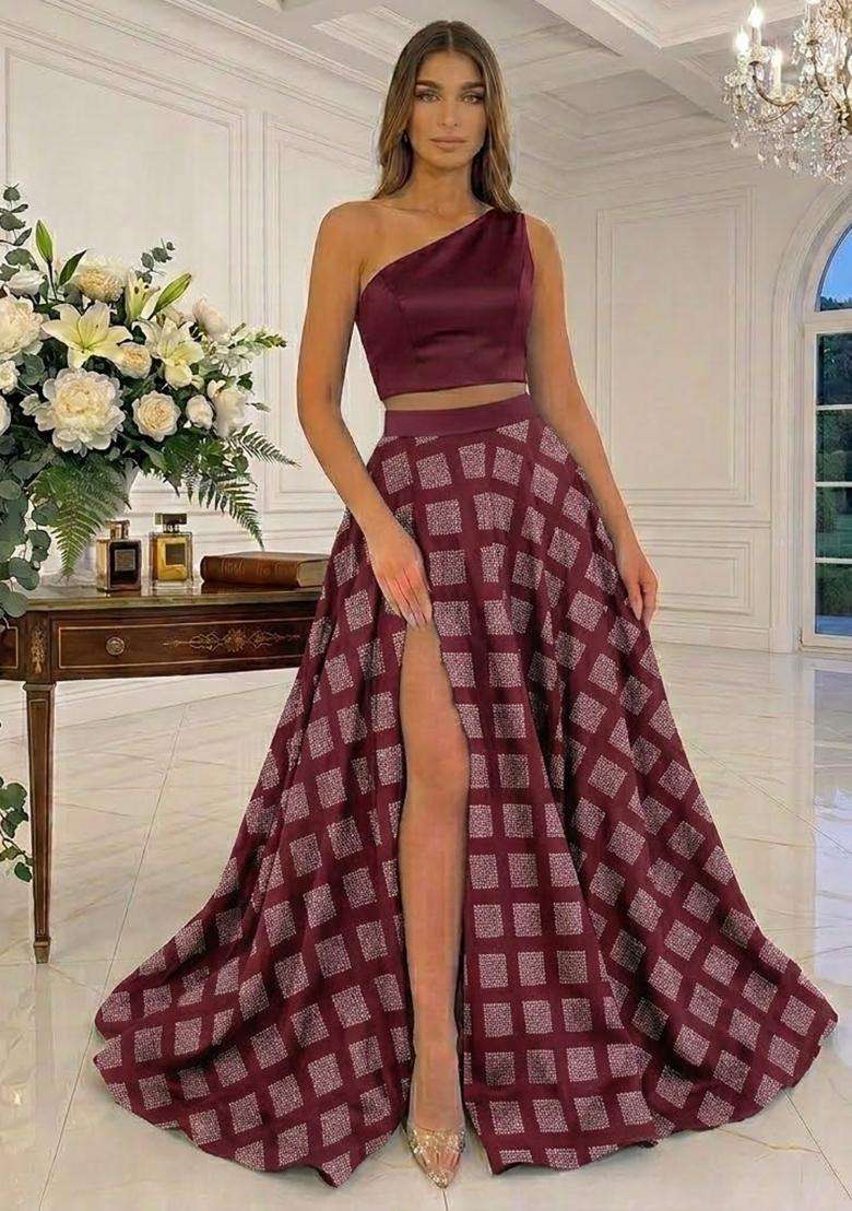 Deep Wine Printed Satin Prom Dress - Indya
