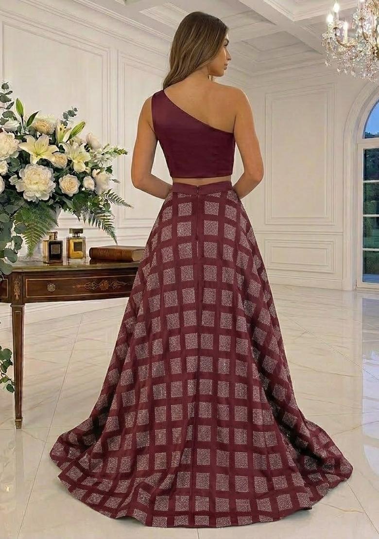 Deep Wine Printed Satin Prom Dress - Indya