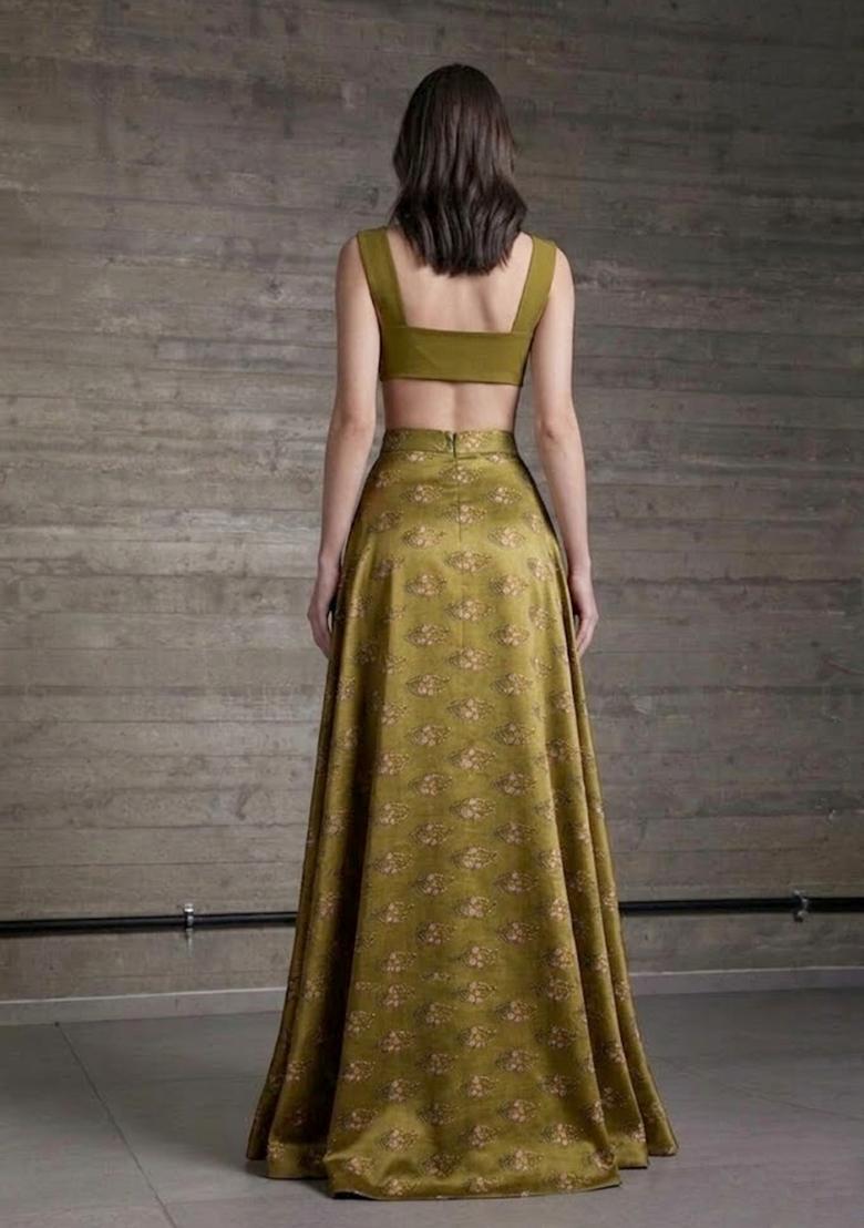 Olive Green Printed Satin Prom Dress - Indya