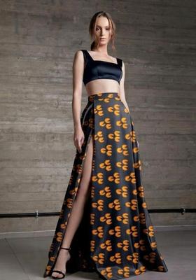Black Printed Satin Prom Dress