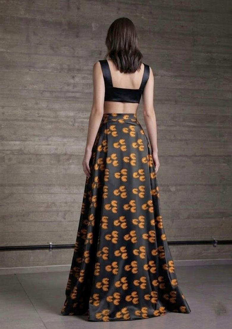 Black Printed Satin Prom Dress - Indya