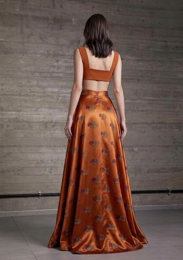 Rust Orange Printed Satin Prom Dress - Indya