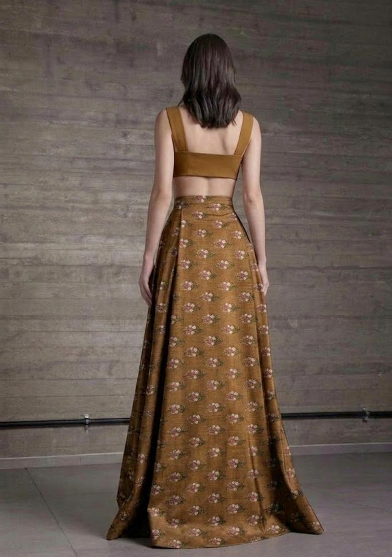 Brown Printed Satin Prom Dress - Indya