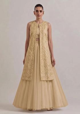Soft Beige Embroidered Chanderi Lehenga Set
