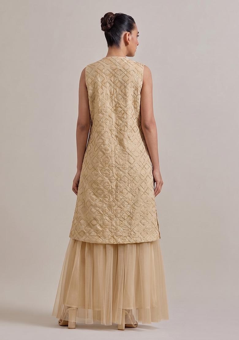 Soft Beige Embroidered Chanderi Lehenga Set - Indya