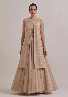 Beige Embroidered Chanderi Lehenga Set
