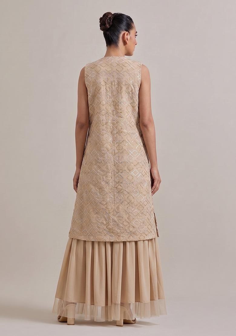 Beige Embroidered Chanderi Lehenga Set - Indya