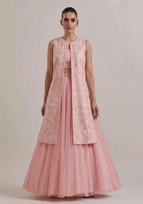Soft Pink Embroidered Chanderi Lehenga Set