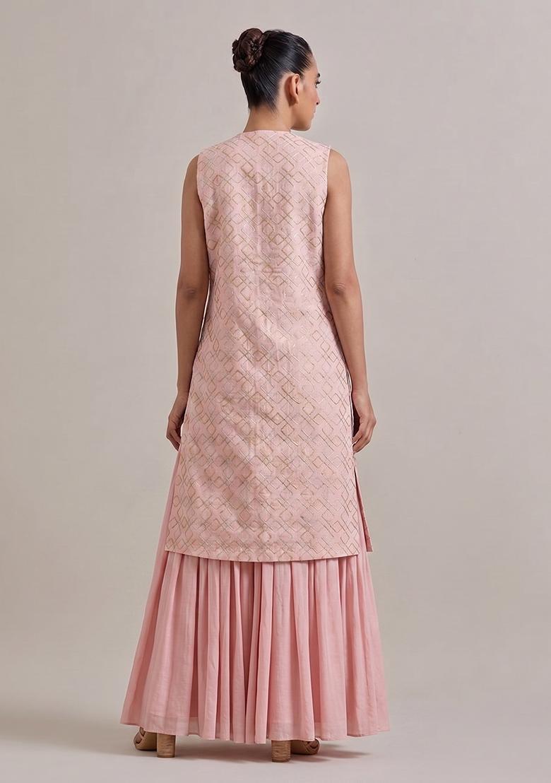 Soft Pink Embroidered Chanderi Lehenga Set - Indya
