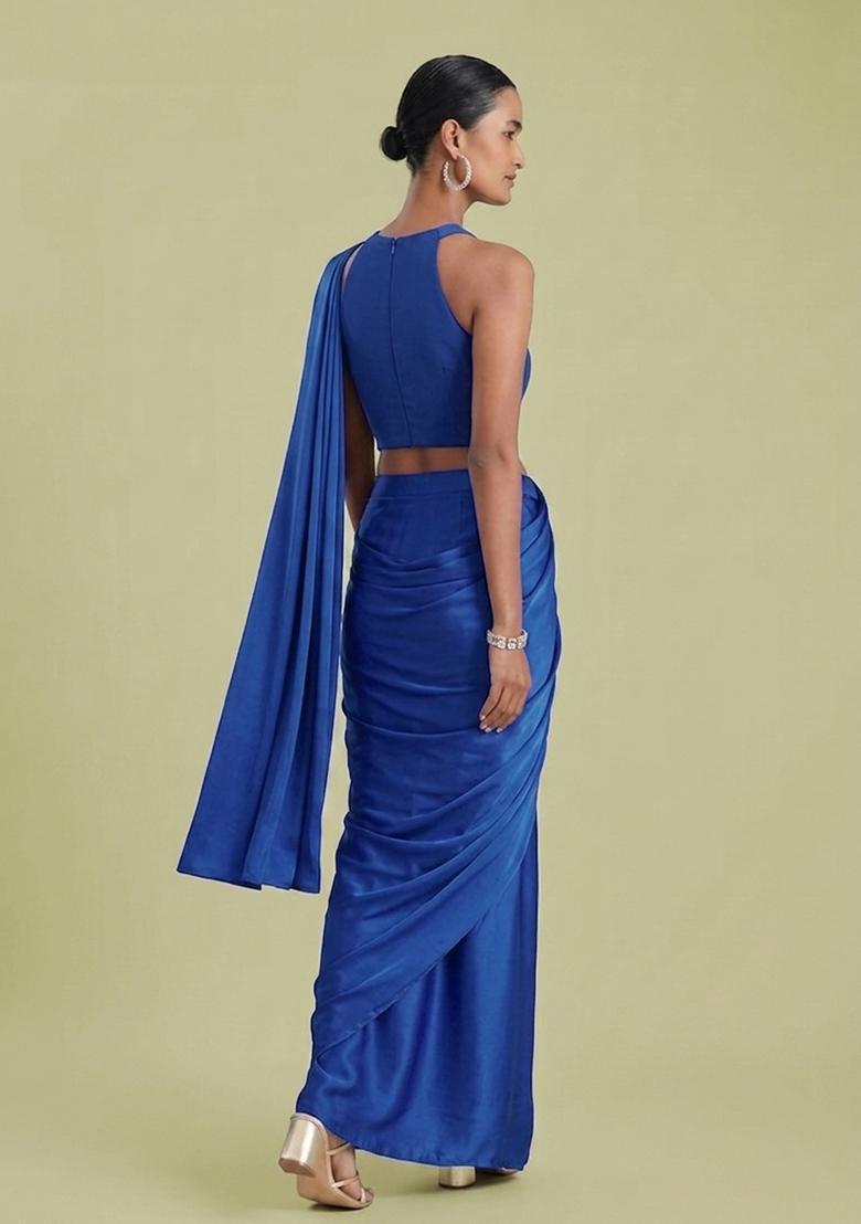 Royal Blue Embroidered Handwork Pre Draped Saree Set - Indya