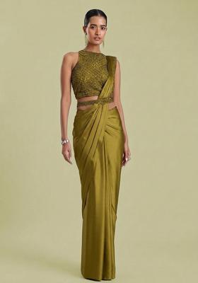 Olive Embroidered Handwork Pre Draped Saree Set