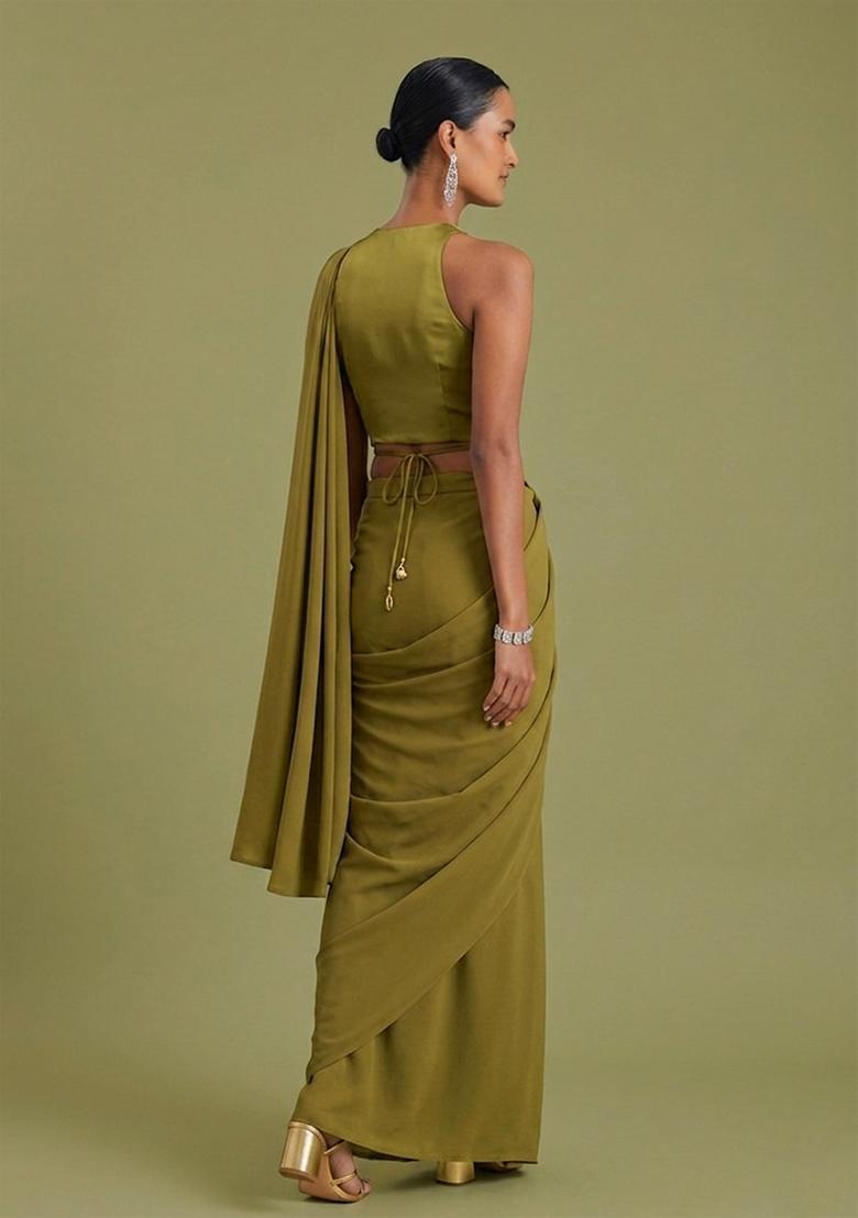 Olive Embroidered Handwork Pre Draped Saree Set - Indya