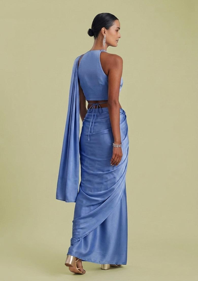 Powder Blue Embroidered Handwork Pre Draped Saree Set - Indya