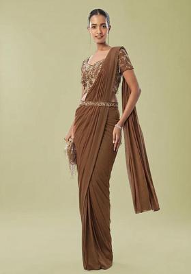 Chocolate Brown Embroidered Handwork Pre Draped Saree Set