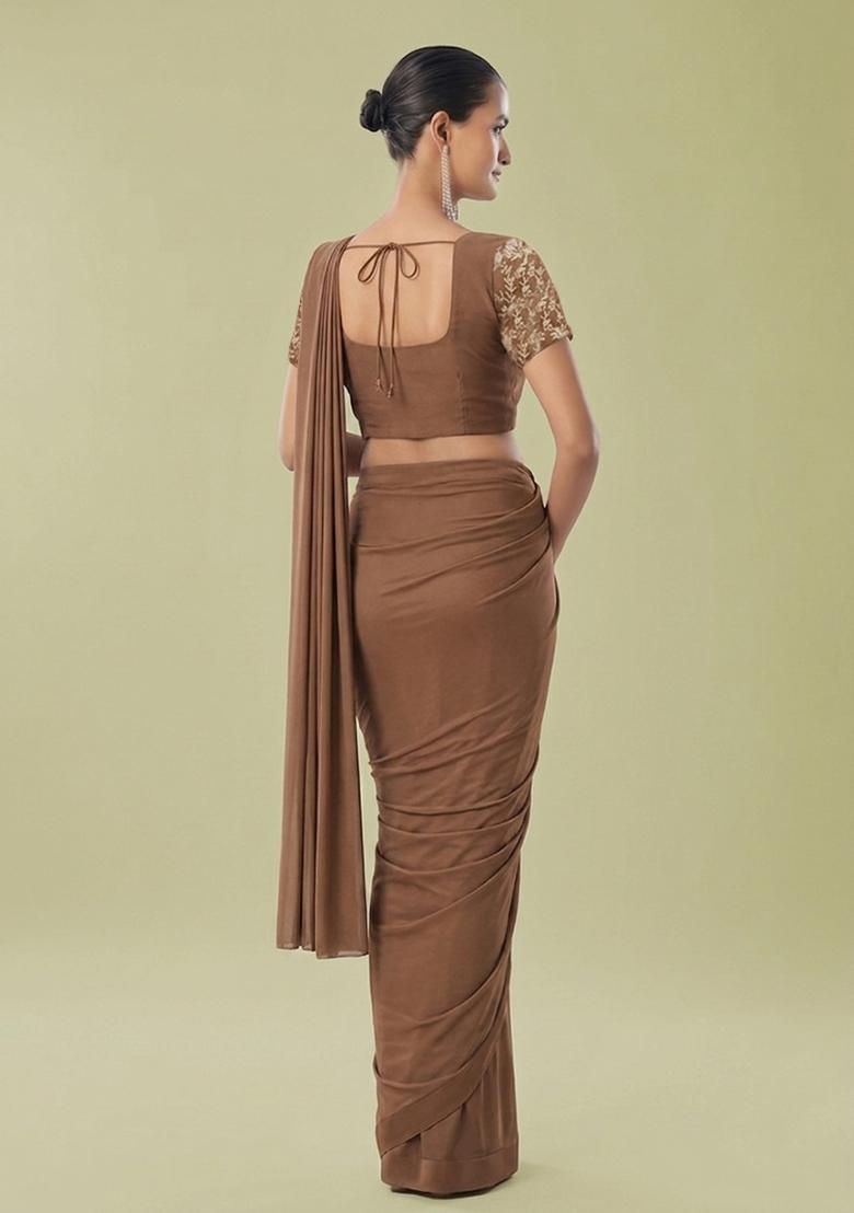Chocolate Brown Embroidered Handwork Pre Draped Saree Set - Indya