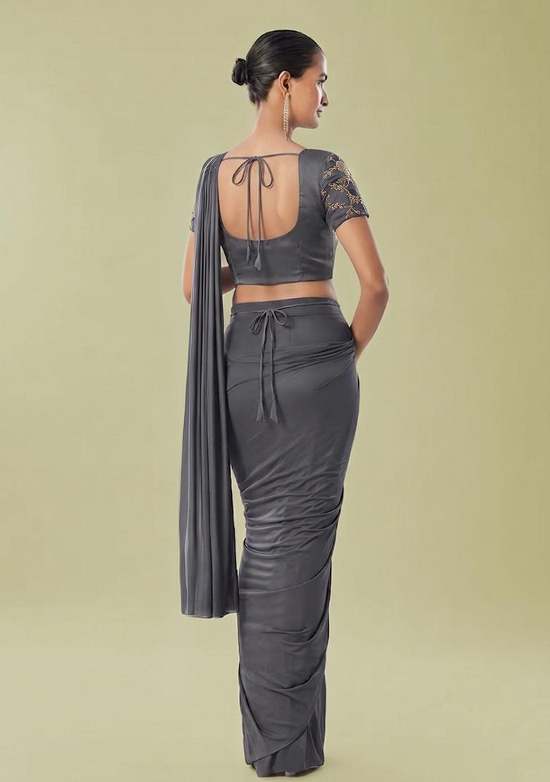 Grey Embroidered Handwork Pre Draped Saree Set - Indya