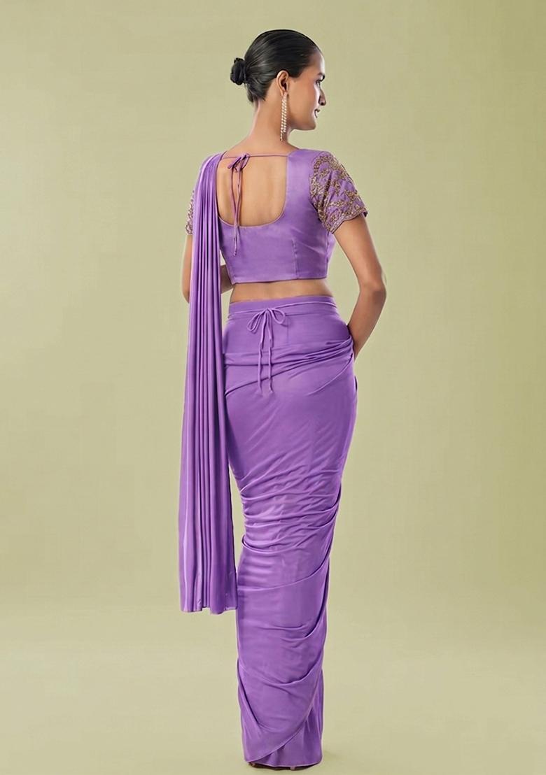 Lavender Embroidered Handwork Pre Draped Saree Set - Indya