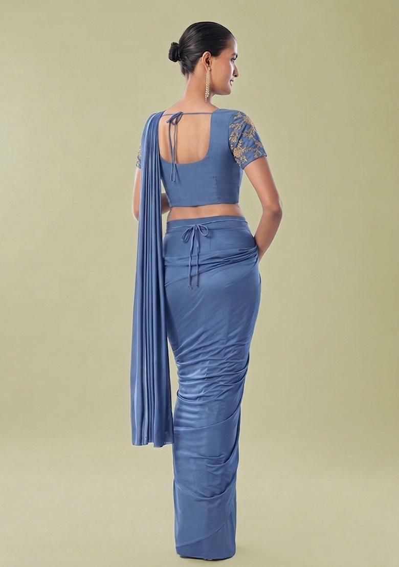 Powder Blue Embroidered Handwork Pre Draped Saree Set - Indya
