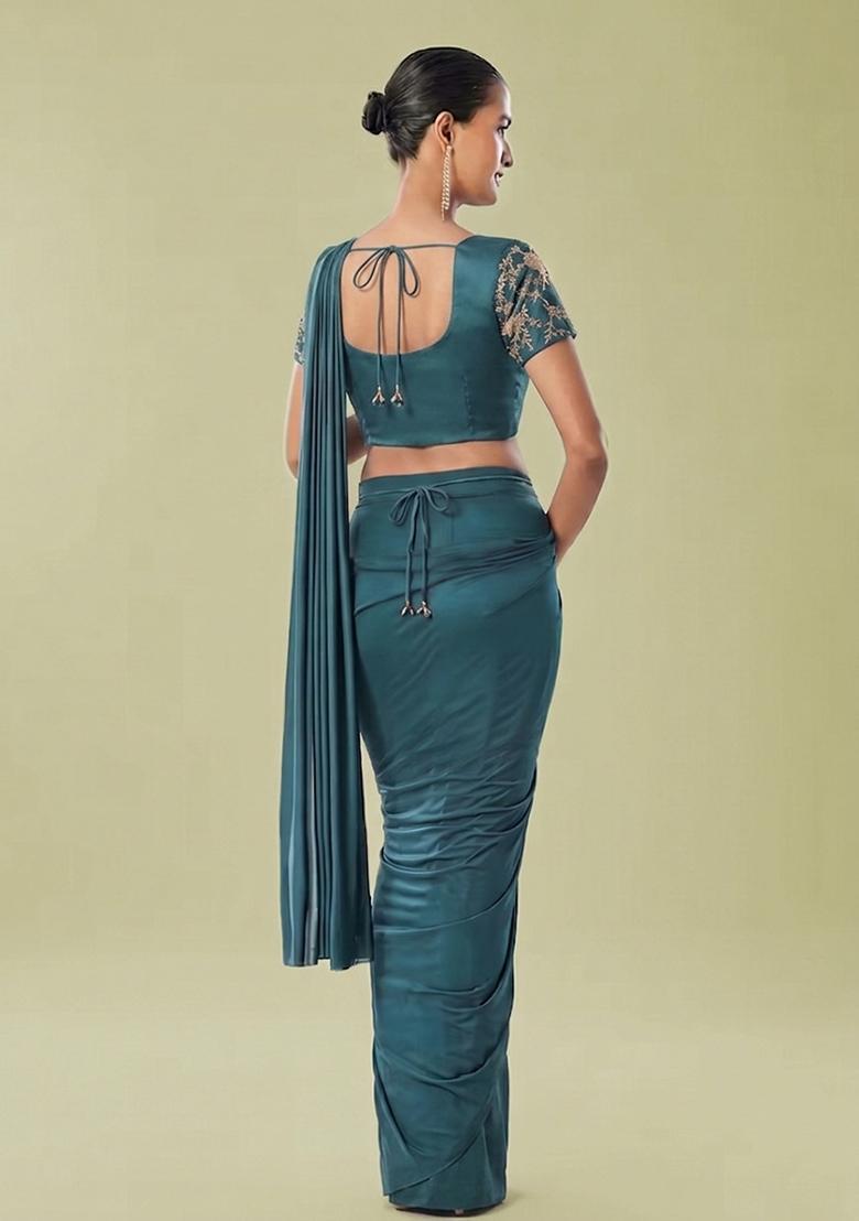 Teal Embroidered Handwork Pre Draped Saree Set - Indya