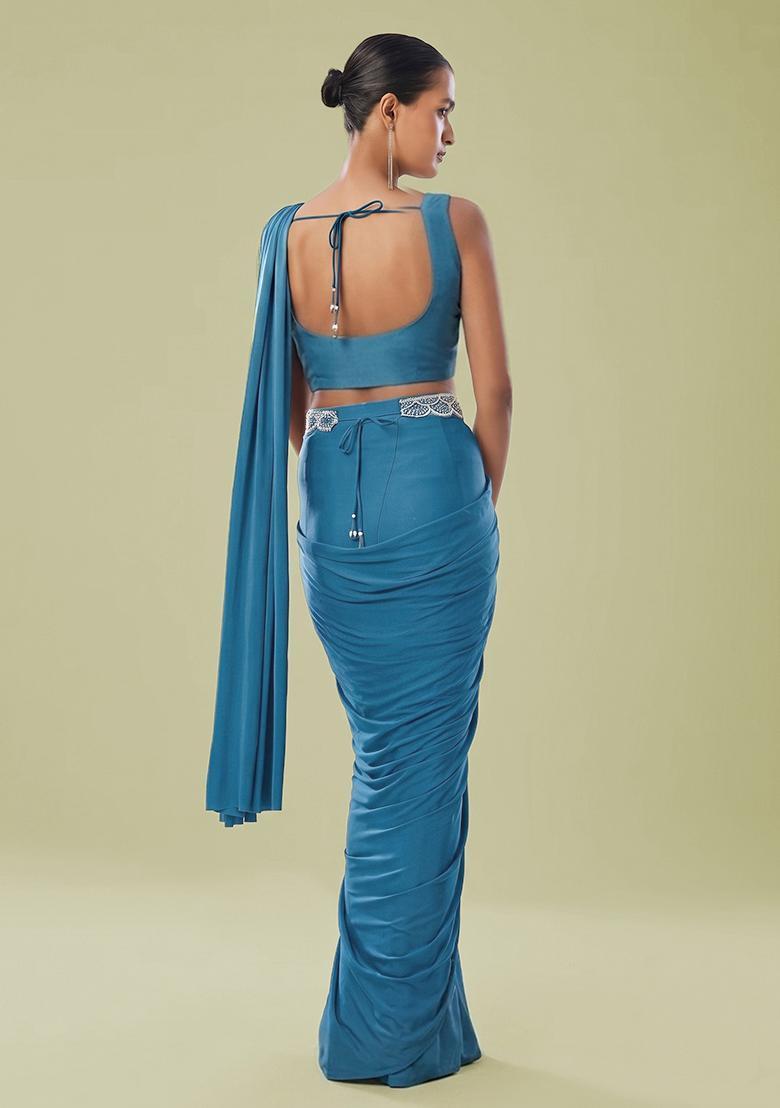 Steel Blue Embroidered Handwork Pre Draped Saree Set - Indya