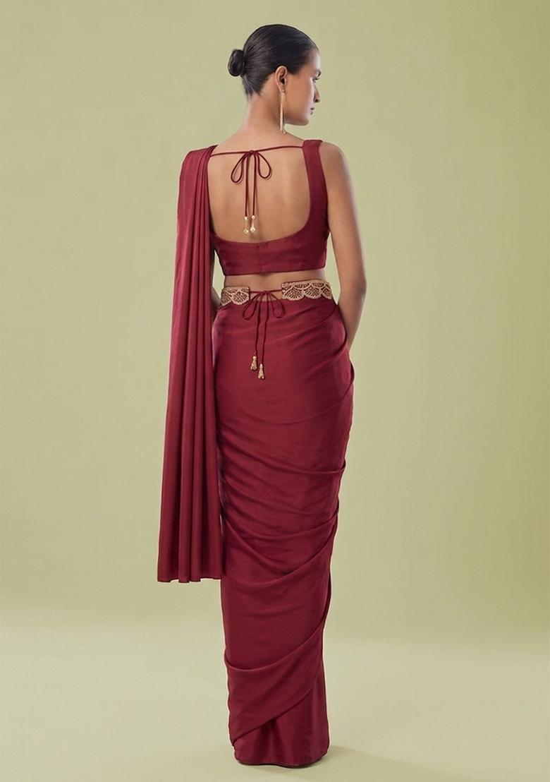 Red Embroidered Handwork Pre Draped Saree Set - Indya