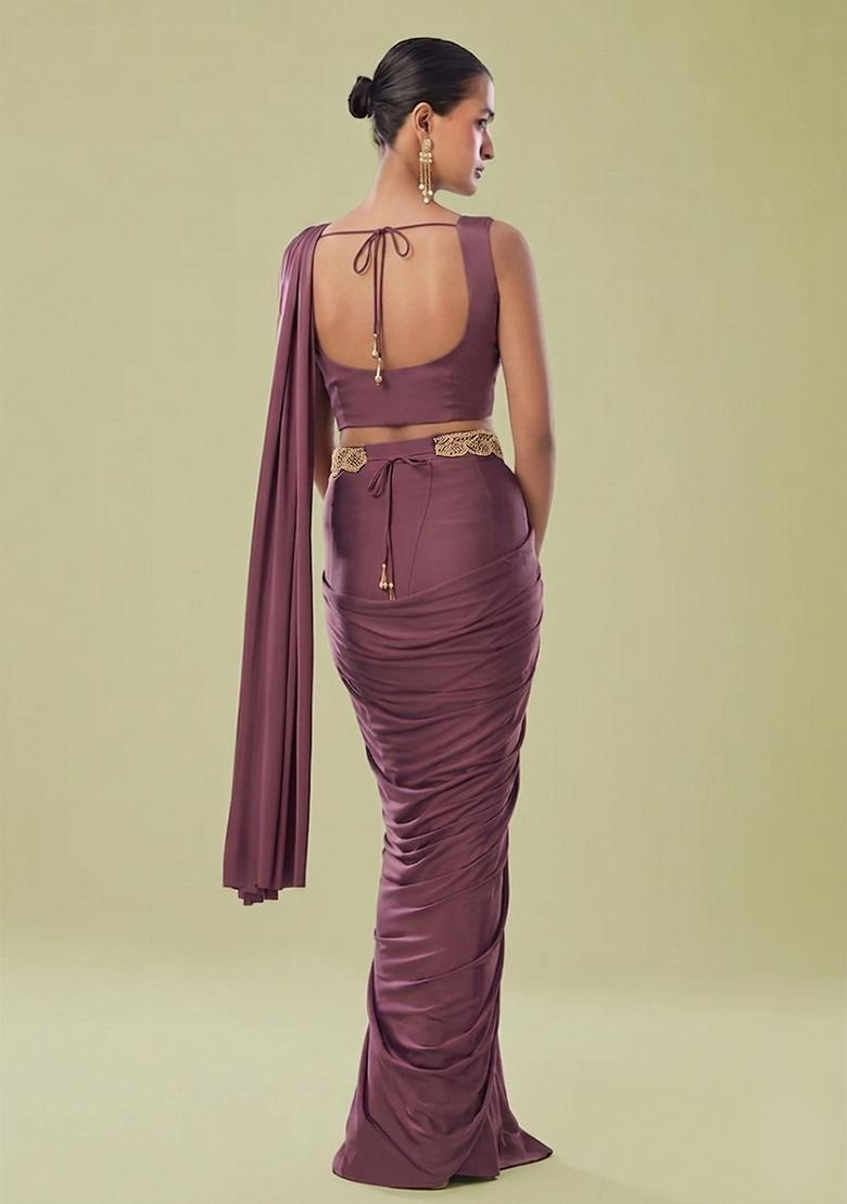 Wine Embroidered Handwork Pre Draped Saree Set - Indya