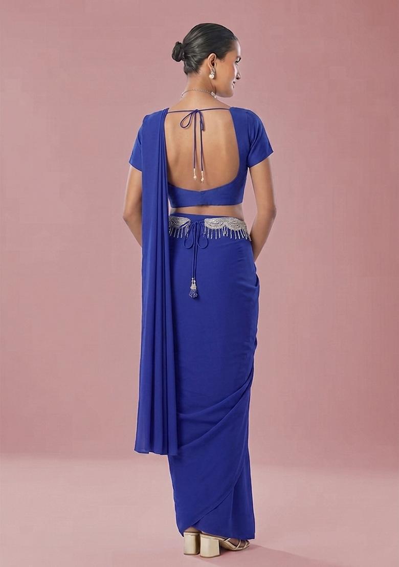 Royal Blue Embroidered Handwork Pre Draped Saree Set - Indya